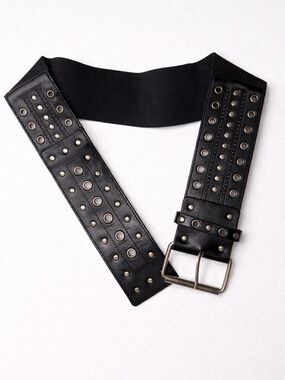 Silver Tone Metal Grommets & Studs Wide Faux Leather Stretch Belt